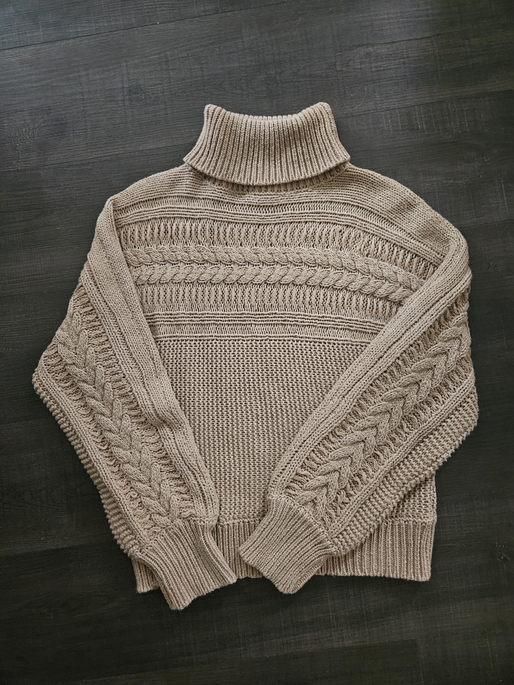 Collabow Taupe Chunky Cable Knit Turtleneck Balloon Sleeve Pullover Sweater